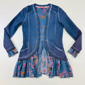Joe Brown blue wash jersey cardigan blazer with ruffle floral peplum hem Size 4